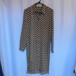 Diane Von Furstenberg Black and Brown Long Sleeve Shirt Dress